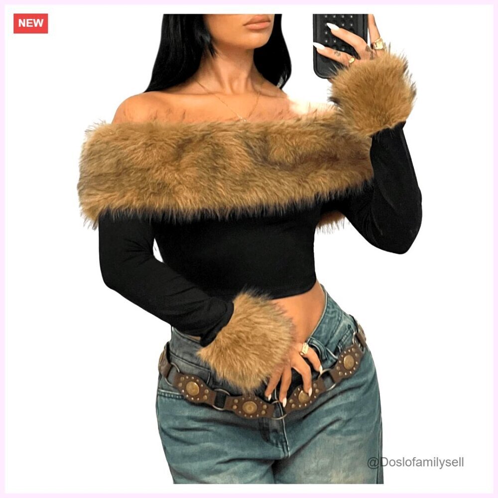 Faux Fur Off Shoulder Crop Top Long Sleeve Y2K Party Outfit